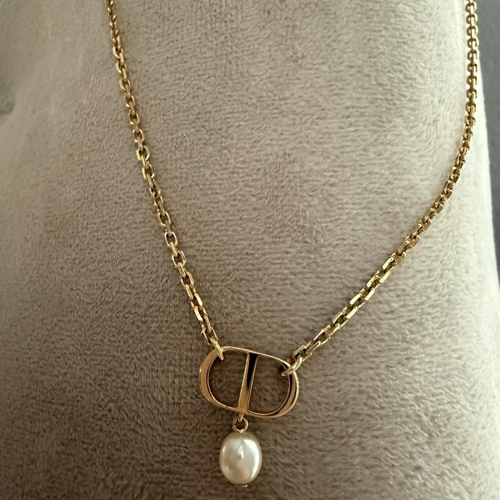 Dior Gold Necklace with Pearl Accent (Petit CD Necklace) - Picture 7 of 9